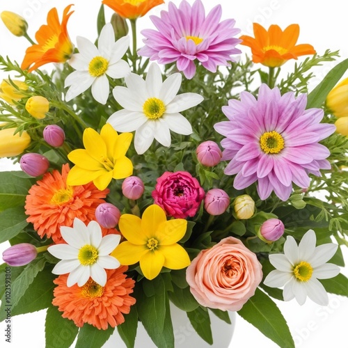 Flower arrangement or bouquet colorful spring flowers isolated on white background.