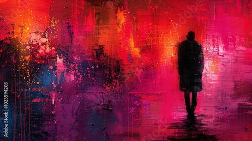 A lone silhouette walking through a vibrant abstract cityscape with bold splashes of red, pink, and orange