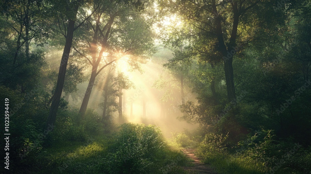Obraz premium A serene morning in the forest with dense fog and sun rays piercing through the trees