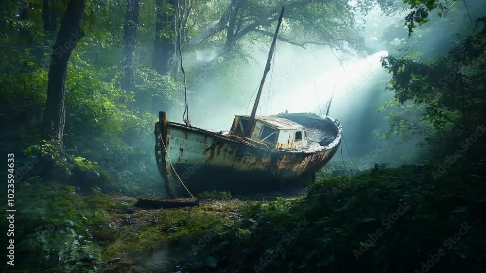 Abandoned Boat in Mystical Forest with Dappled Sunlight and Fog Abandoned Boat in Mystical Forest with Dappled Sunlight and Fog