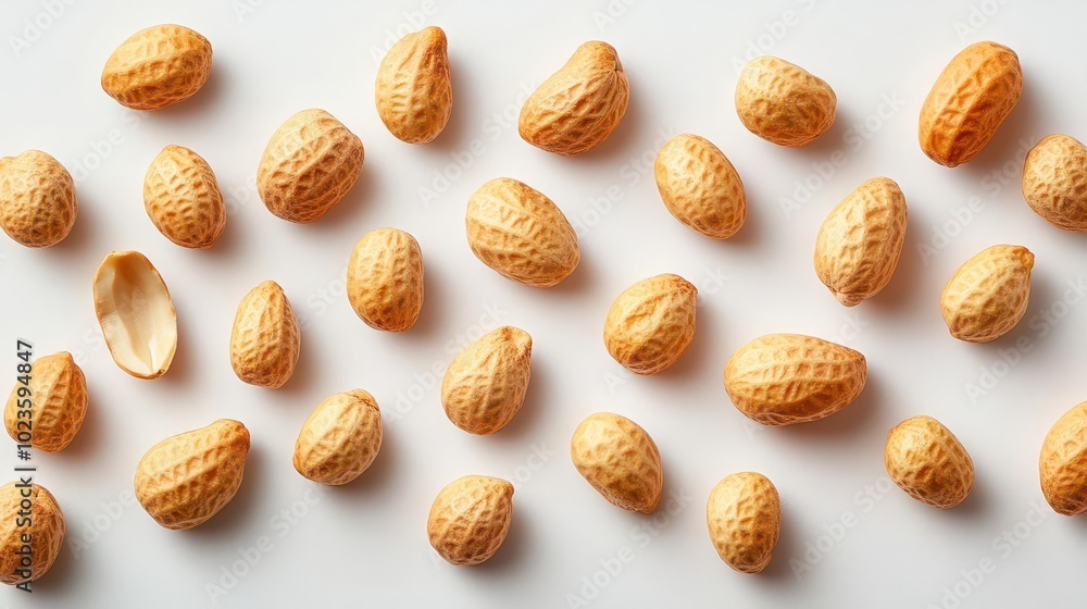scatter of peanuts isolated on a clean white background emphasizing the natural texture and shape of each nut creating an artistic portrayal of this popular snack scatter of peanuts isolated on a clean white background emphasizing the natural texture and shape of each nut creating an artistic portrayal of this popular snack