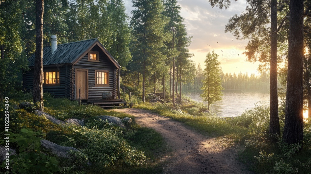 A serene Finnish lakeside cabin nestled in dense forest with a winding path at sunset A serene Finnish lakeside cabin nestled in dense forest with a winding path at sunset