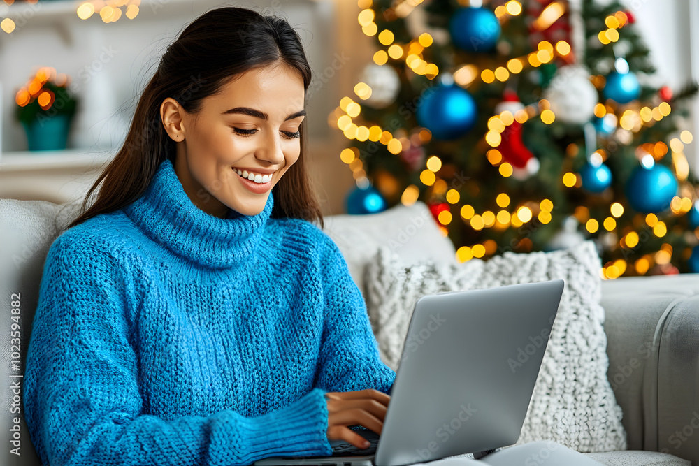 Happy young woman in blue sweater working on her laptop while sitting on a sofa in a Christmas-decorated cozy living room. Remote work, online education, freelance concept. Copy space. Happy young woman in blue sweater working on her laptop while sitting on a sofa in a Christmas-decorated cozy living room. Remote work, online education, freelance concept. Copy space.