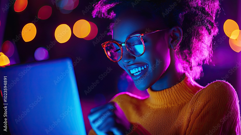 Smiling woman using laptop with colorful lights in the background at night. Smiling woman using laptop with colorful lights in the background at night.