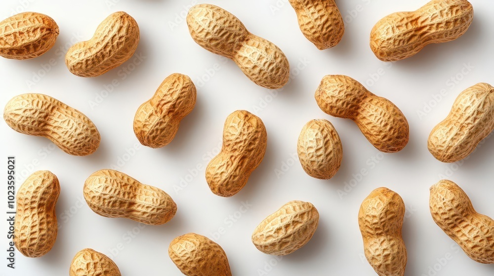 scatter of peanuts isolated on a clean white background emphasizing the natural texture and shape of each nut creating an artistic portrayal of this popular snack scatter of peanuts isolated on a clean white background emphasizing the natural texture and shape of each nut creating an artistic portrayal of this popular snack