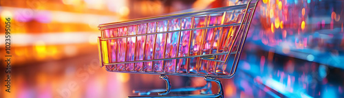 Glossy Holographic Price Tags Transforming into Shopping Carts: Close-Up Journey from Pricing to Purchase in Photo Stock Concept