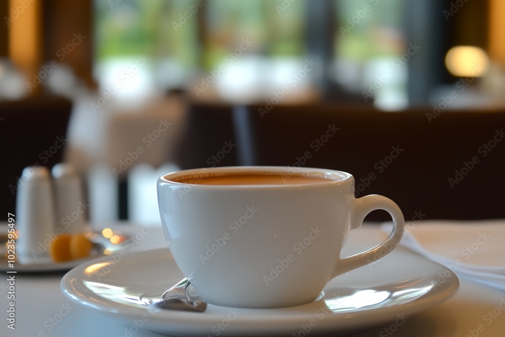 A white coffee cup sits on a white plate. The cup is filled with coffee and a spoon is visible on the side. The scene is set in a restaurant or cafe, with a view of the outside A white coffee cup sits on a white plate. The cup is filled with coffee and a spoon is visible on the side. The scene is set in a restaurant or cafe, with a view of the outside