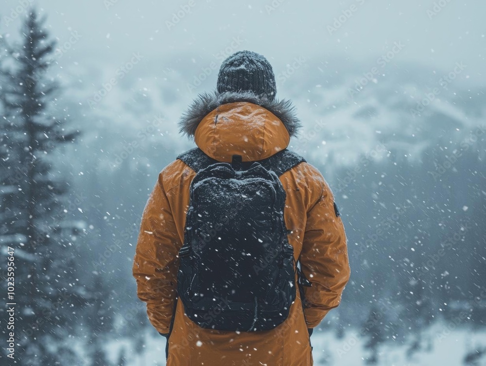 sporty guy standing in snowstorm dressed in down puffer coat black colors and lapland scenery photographed far away man is small in the middle of the picture blizzard sporty guy standing in snowstorm dressed in down puffer coat black colors and lapland scenery photographed far away man is small in the middle of the picture blizzard