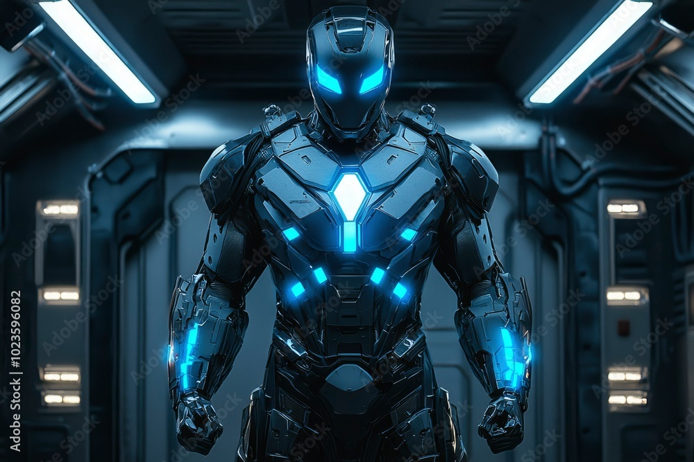 Futuristic Cyborg in a Dark, Industrial Setting Futuristic Cyborg in a Dark, Industrial Setting