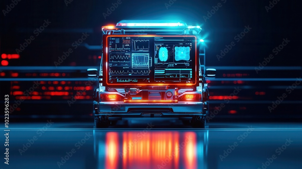 Obraz premium Futuristic emergency response vehicle equipped with AI-driven medical tools, glowing holographic screens providing remote diagnostics