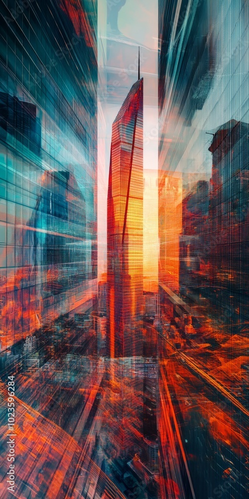 Naklejka premium Futuristic skyscraper shown through a double exposure effect, featuring vibrant colors and dynamic urban visuals.