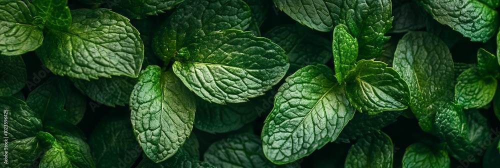 A close up of green mint leaves. The leaves are fresh and vibrant, with a hint of green on the edges. Concept of freshness and health, as mint is often associated with these qualities A close up of green mint leaves. The leaves are fresh and vibrant, with a hint of green on the edges. Concept of freshness and health, as mint is often associated with these qualities