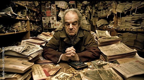 Man sitting at desk with forehead resting on clasped hands, eyes closed in deep thought, surrounded by financial documents and calculator, symbolizing stress and worry about money matters.