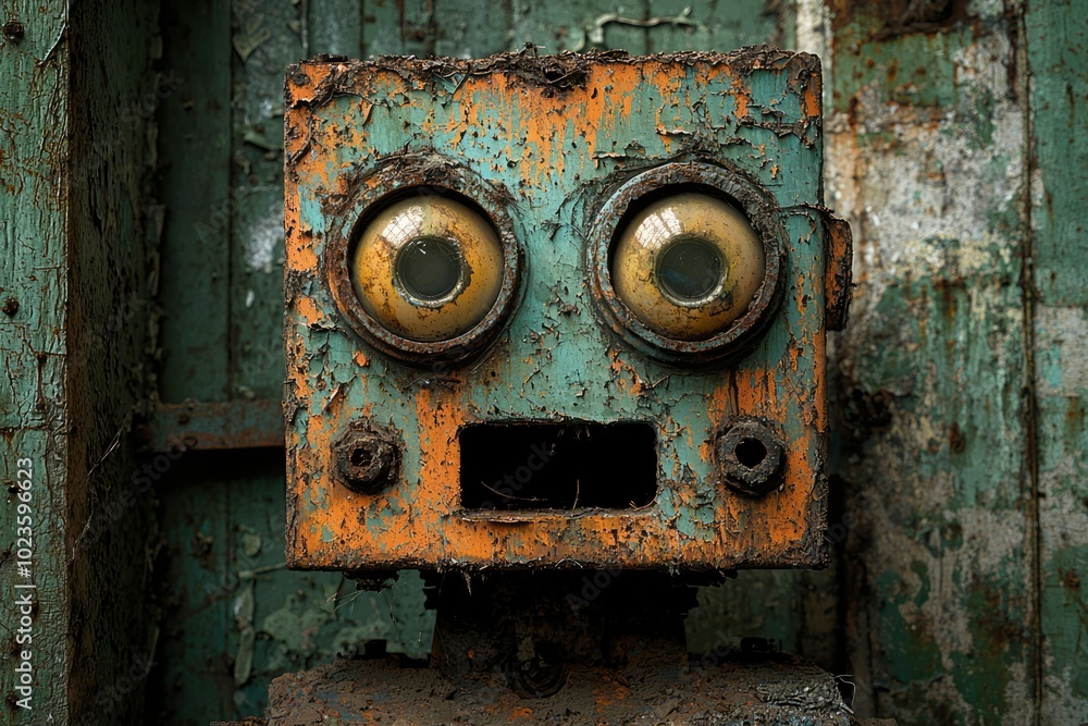 Rusty Robot Face with Peeling Paint and Large Eyes Rusty Robot Face with Peeling Paint and Large Eyes