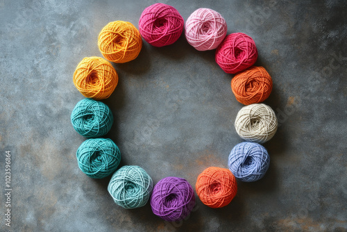 Vibrant arrangement of colorful yarn balls forming a circle on a textured background, creating a cheerful and inspiring atmosphere for craft enthusiasts photo