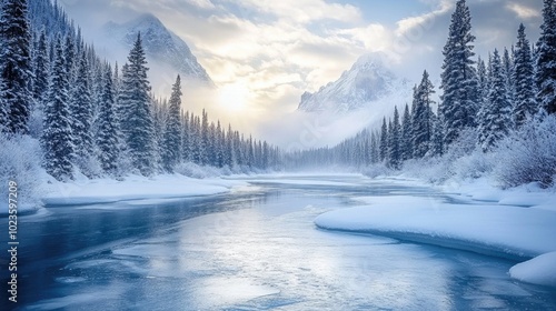 A peaceful winter river winding through snow-capped mountains and pine forests under soft sunlight