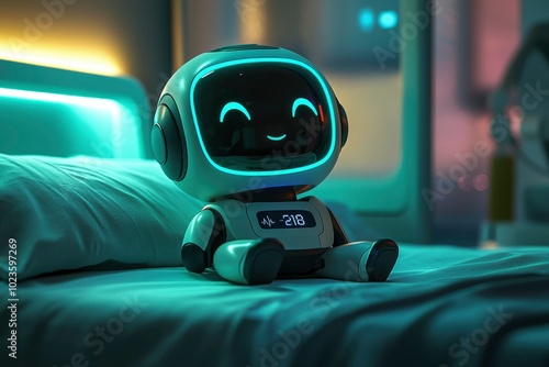 A Friendly Robot Sitting on a Bed with a Digital Clock Displaying 2:18