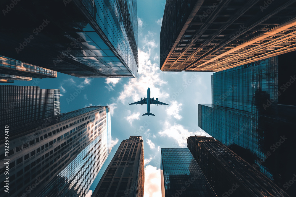 A plane is flying over a city with tall buildings