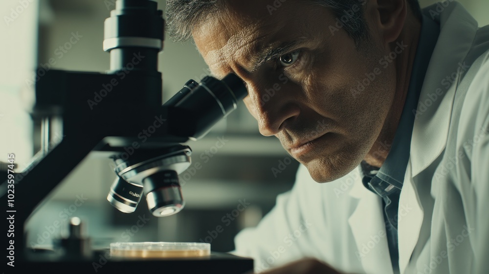 A Scientist Examining a Sample Under a Microscope A Scientist Examining a Sample Under a Microscope