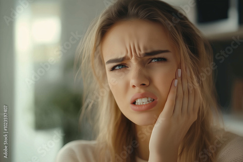 A woman with a toothache is looking at the camera