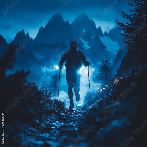 trail runner, running in the night, on the trail of UTMB, headlights on, very dark, can't see his face Runner is male in his 35, slim, holding trekking poles photo