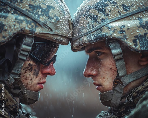 two man soldiers Portrait Left view Soldiers look at each other with agression Wearing diferent uniforms, helmets and googles Holding a weapons Miliatry aggresive dynamic style photo