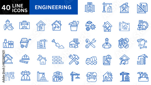 40 Engineering icon set. Containing blueprint, engineer, tools, construction, mechanical, industrial, worker, engine, manufacturing and machinery icons. Solid icon collection. Vector illustration