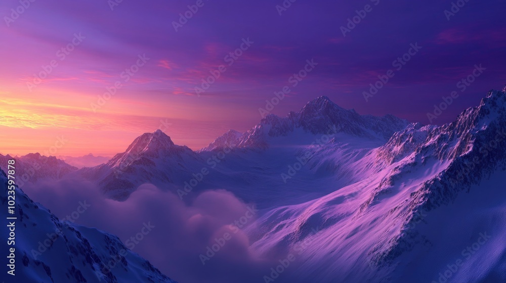 Twilight over winter mountains with deep blue and violet hues highlighting snow-covered ridges and misty valleys at sunset Twilight over winter mountains with deep blue and violet hues highlighting snow-covered ridges and misty valleys at sunset