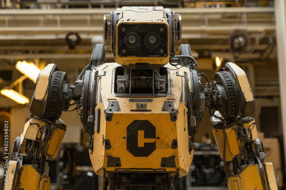 Close-up of a Yellow Industrial Robot with Black Accents Close-up of a Yellow Industrial Robot with Black Accents