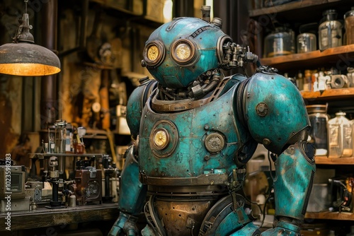 A Detailed Close-Up of a Steampunk Robot in a Workshop Setting