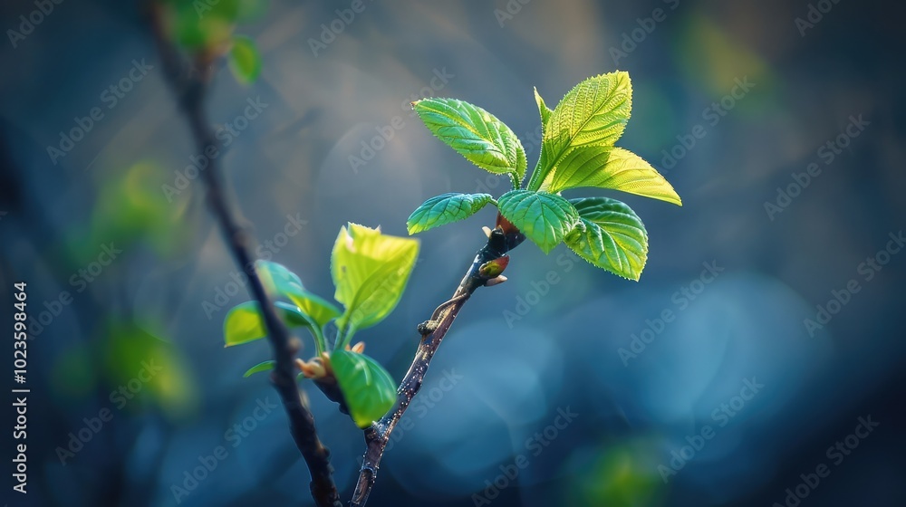Fresh young green leaves of twig tree growing in spring. Beautiful green leaf nature outdoor background with copy space Fresh young green leaves of twig tree growing in spring. Beautiful green leaf nature outdoor background with copy space