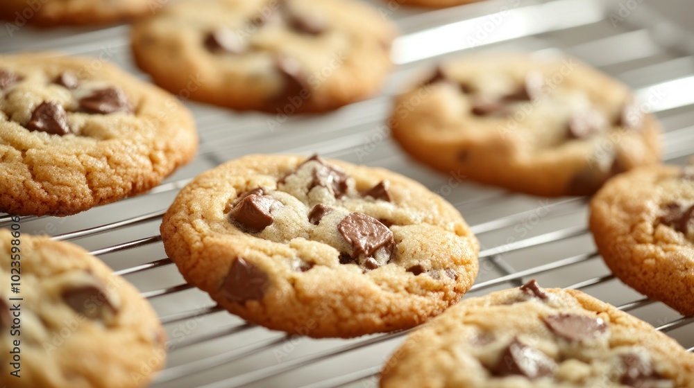 Close-up of Chocolate Chip Cookies Cooling on a Wire Rack Close-up of Chocolate Chip Cookies Cooling on a Wire Rack