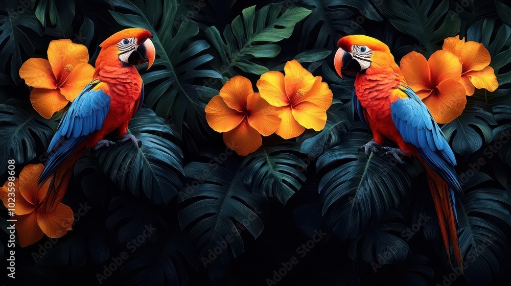 Obraz premium seamless pattern background inspired by vibrant colors and organic forms of tropical rainforests showcasing vivid birds and exotic flowers in a harmonious lush design