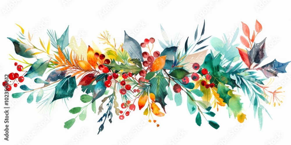 Fototapeta premium Holiday garland illustrated in soft, vibrant watercolor hues.