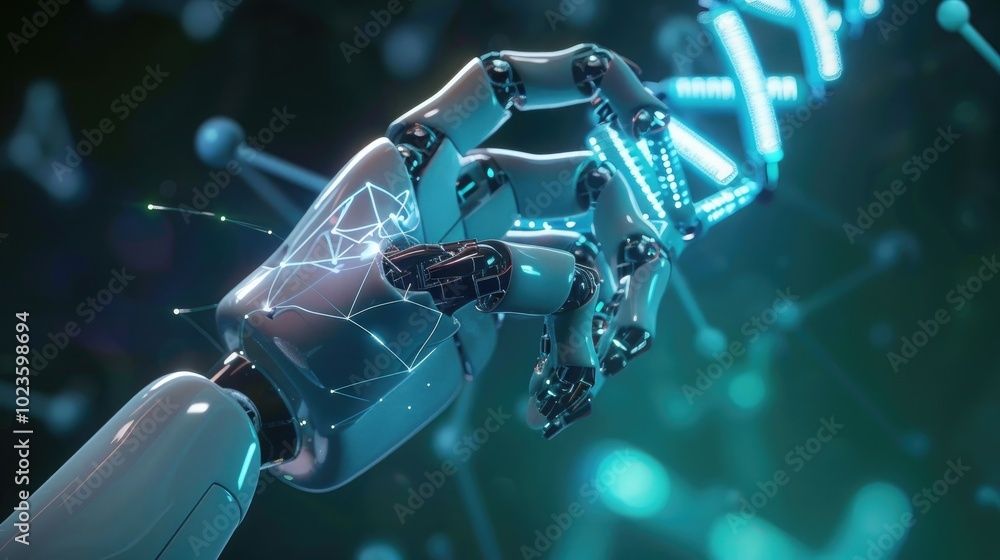 Futuristic AI and CRISPR collaboration in action, manipulating genetic material for advanced medical solutions Futuristic AI and CRISPR collaboration in action, manipulating genetic material for advanced medical solutions