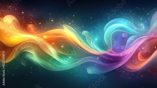 A vibrant swirl of colorful waves and light, creating a dynamic and ethereal abstract design.