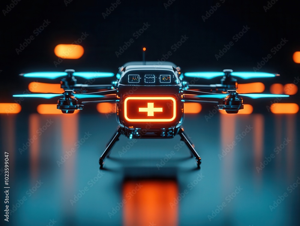Naklejka premium Futuristic ambulance drone with emergency medical equipment, glowing technology ensuring rapid response in hard-to-reach areas
