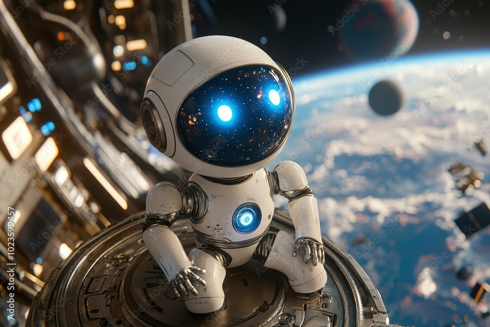 Small White Robot Looking Out A Space Station Window Small White Robot Looking Out A Space Station Window