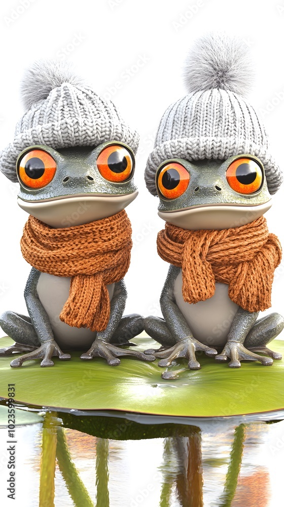 Fototapeta premium Two cute cartoon frogs sitting on lily pads, wearing winter hats and scarves