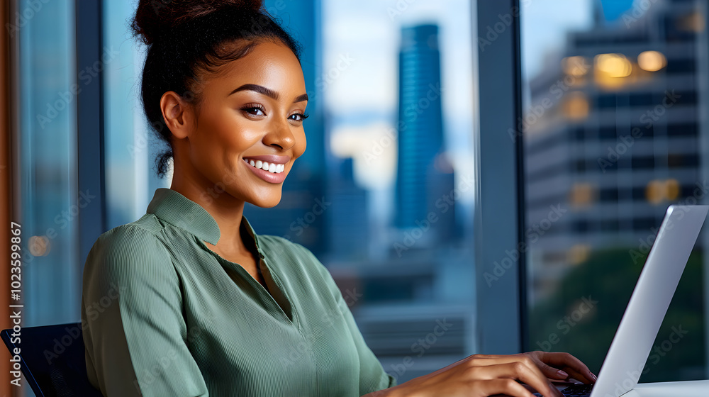 African female professional in a olive green blouse using a laptop in an office, with a skyline of skyscrapers visible outside. African female professional in a olive green blouse using a laptop in an office, with a skyline of skyscrapers visible outside.