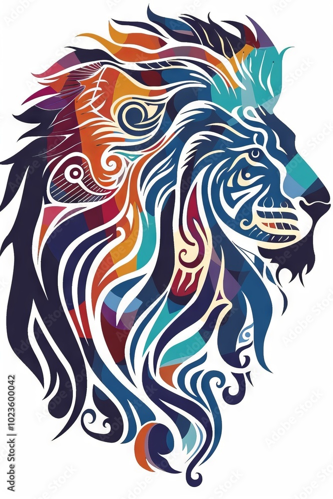 Fototapeta premium Lion head silhouette with vibrant tribal designs.