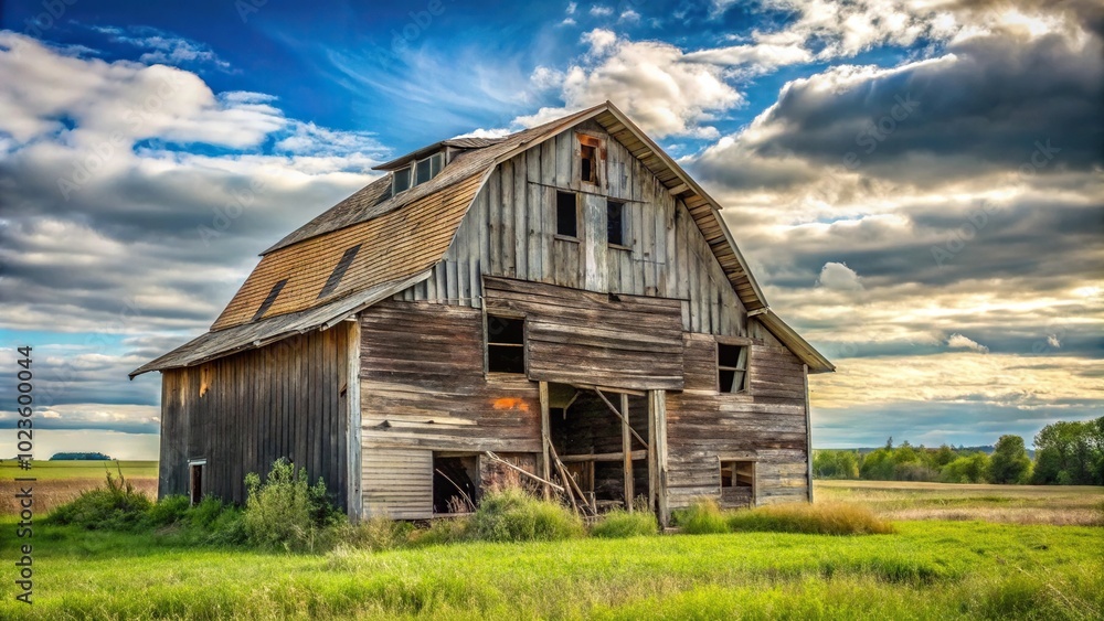 Landscape with a deteriorating and falling apart barn silhouette Landscape with a deteriorating and falling apart barn silhouette
