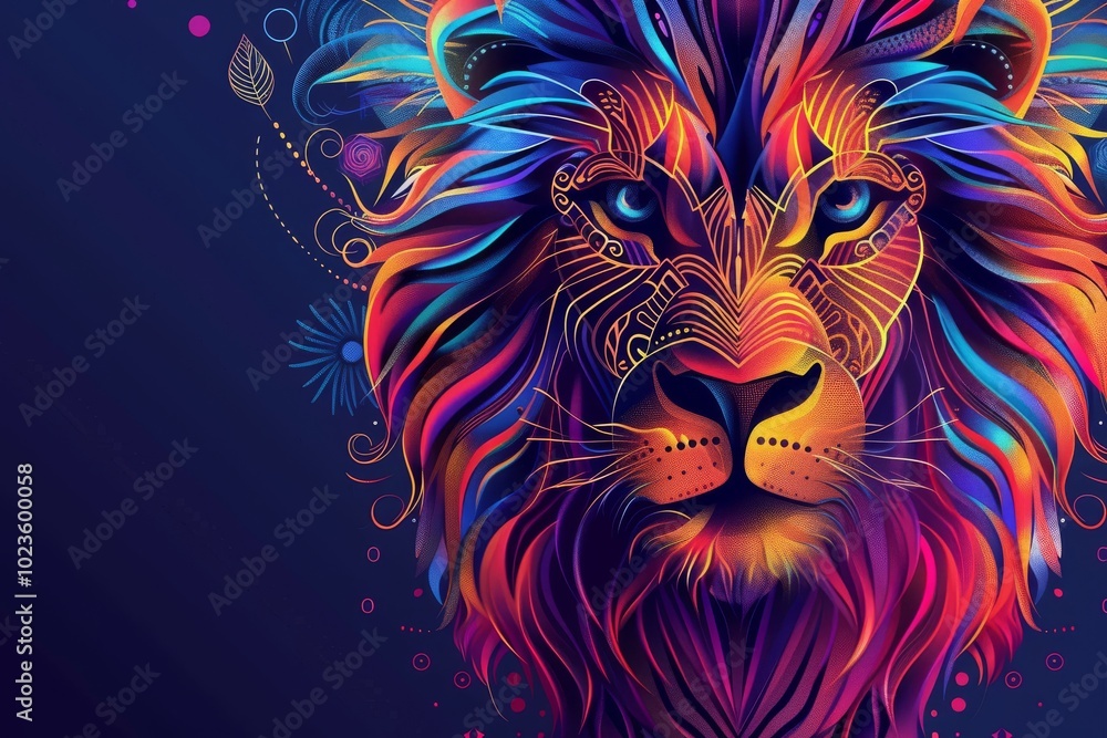 Obraz premium Lion head with vibrant tribal designs in copy space.
