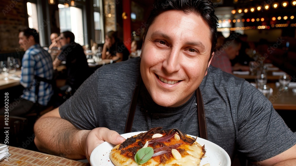 Chef holding a plate of beautifully arranged gourmet food, with a satisfied smile, symbolizing high food expectations and culinary excellence. Chef holding a plate of beautifully arranged gourmet food, with a satisfied smile, symbolizing high food expectations and culinary excellence.