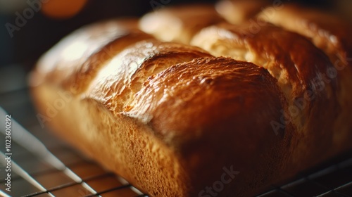 Close-up of golden-brown bread loaf cooling on wire rack