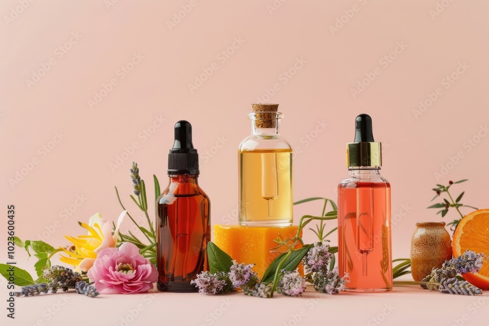 Aromatherapy ingredients cosmetics perfume bottle. Aromatherapy ingredients cosmetics perfume bottle.