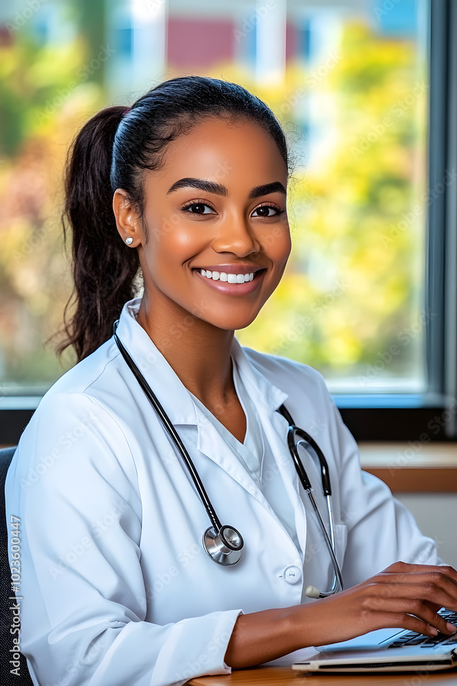 Smiling African female doctor with ponytail wearing a white coat, typing on her laptop in a hospital office against window. Healthcare, medicine concept. Copy space. Smiling African female doctor with ponytail wearing a white coat, typing on her laptop in a hospital office against window. Healthcare, medicine concept. Copy space.