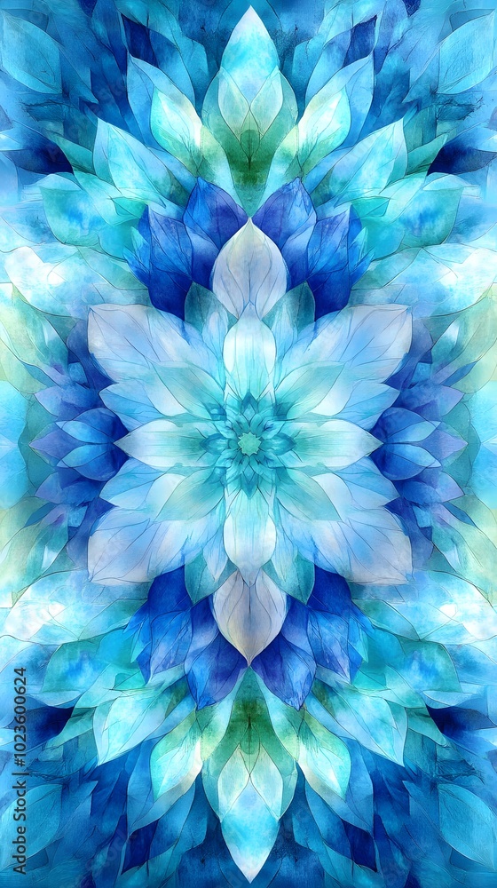 Obraz premium Mandala, Floral, Shapes, Blue and Green, Abstract Image, Texture, Pattern Background, Wallpaper, Cover and Screen for Smartphone, PC, Laptop, 9:16 and 16:9 Format