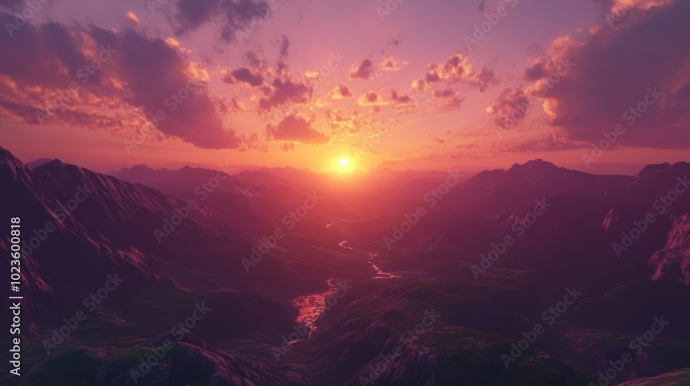 Sunset Over Majestic Mountains with a Winding River