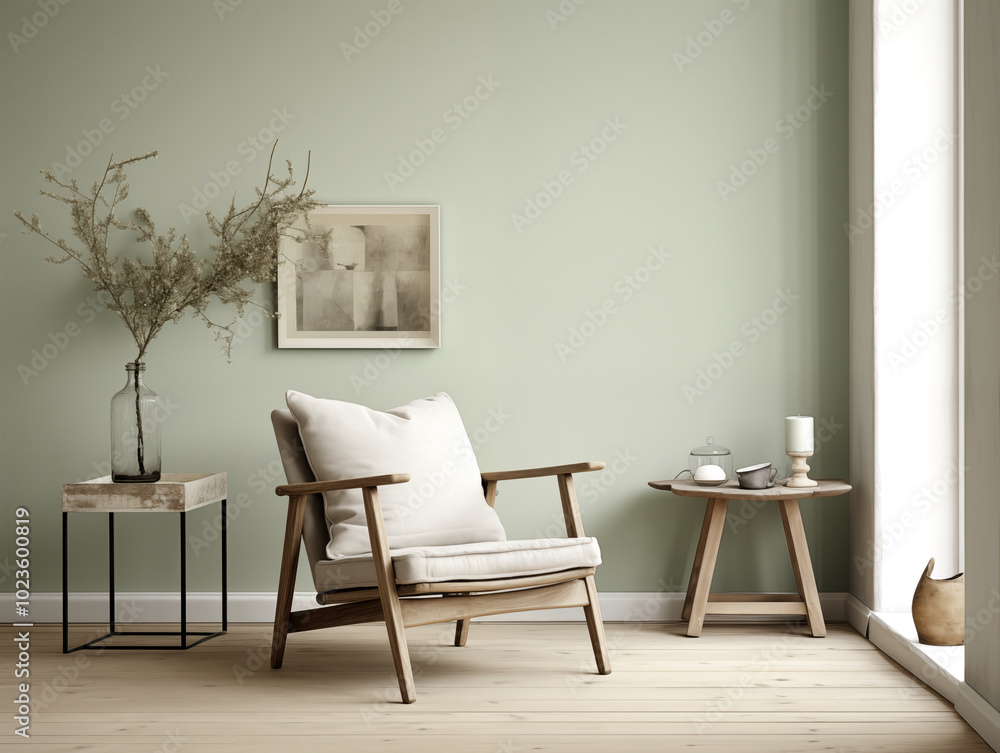 Fototapeta premium Simple minimalist japandi and wabi sabi style living room with reclaimed wood furniture in neutral and sage colors. Reused materials furniture. Rustic interior. 